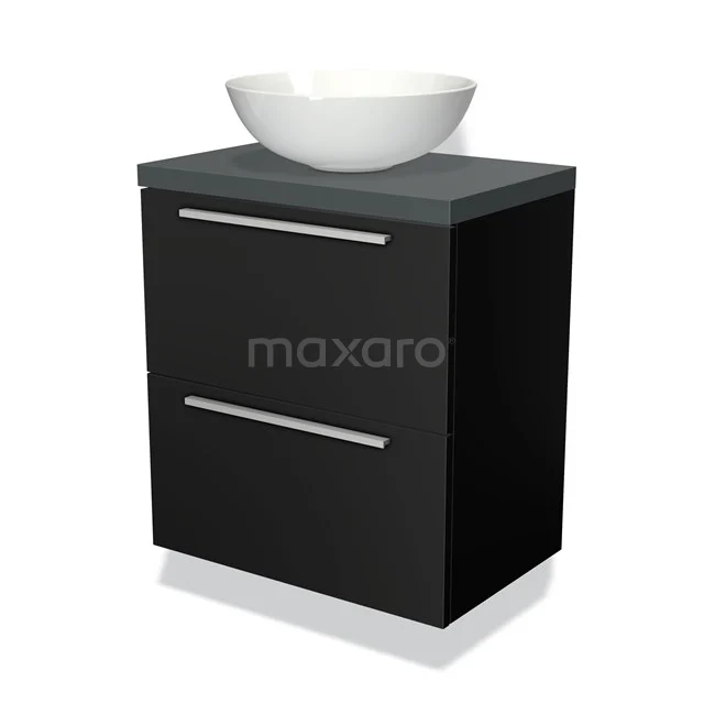 Zwart badkamermeubel met twee lades, mat grijze wastafelblad en witte keramische waskom, modern design.