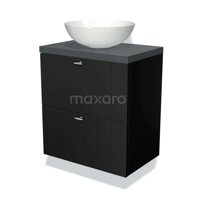 Zwarte badkamermeubelset met twee lades, grijs blad en witte keramische waskom, modern design voor stijlvolle badkamers.