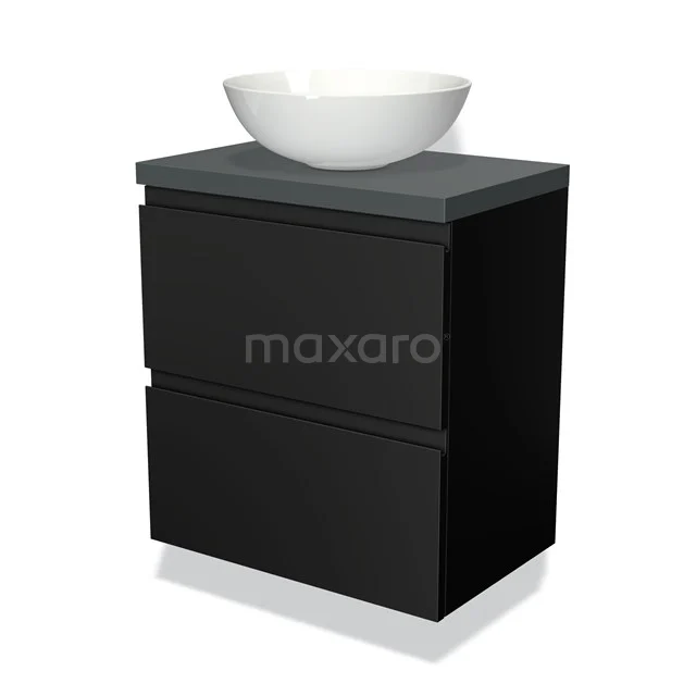 Zwart badkamermeubel met twee lades, grijze bovenplaat en witte keramische waskom; modern en compact design.
