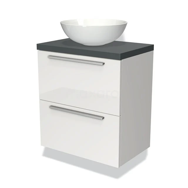 Wit glanzend badkamermeubel met een zwarte bovenblad en ronde wastafel, twee lades en modern design.