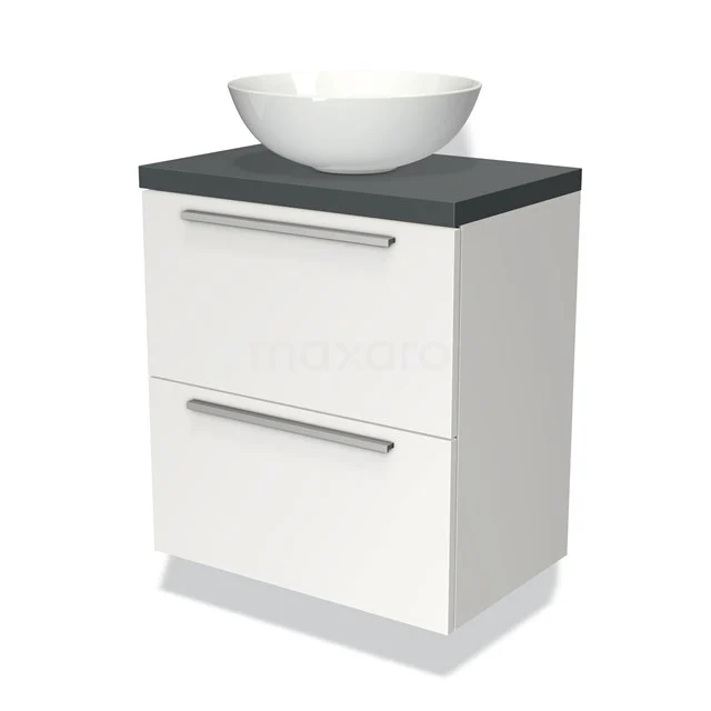 Weißes Badezimmermöbel mit schwarzer Platte, keramischem Aufsatzwaschbecken und zwei Schubladen. Modernes Design, ideal für stilvolle Bäder.