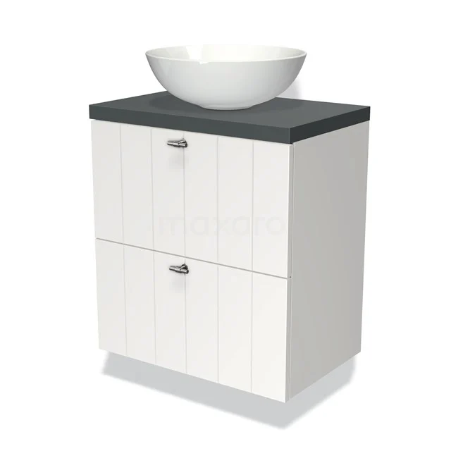 Weißes Badezimmermöbel mit keramischer Schüssel, graue Platte und zwei Schubladen, ideal für moderne Badezimmerlagerung.