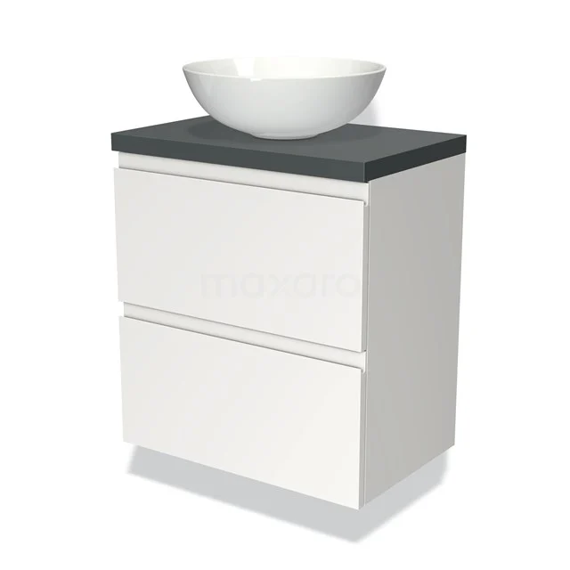 Badmöbel mit Konsole 60cm Modulo Plato Slim Matt Weiß 2 Schubladen Grifflos BMK37-00704 Weißes Badmöbel mit zwei Schubladen, graue Platte und stilvollem runden Aufsatzwaschbecken; modernes Design, perfekt für jeden Badezimmerstil.