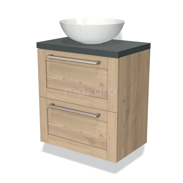 Houten badkamermeubel met een moderne waskom, zwart blad en twee lades met zilverkleurige grepen.