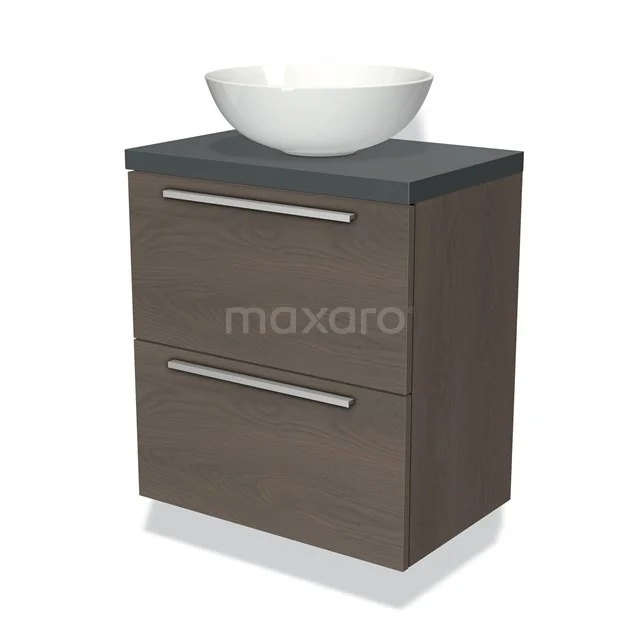 Wooden bathroom unit with dark worktop, two drawers and white ceramic countertop wash basin, perfect for modern bathroom design.