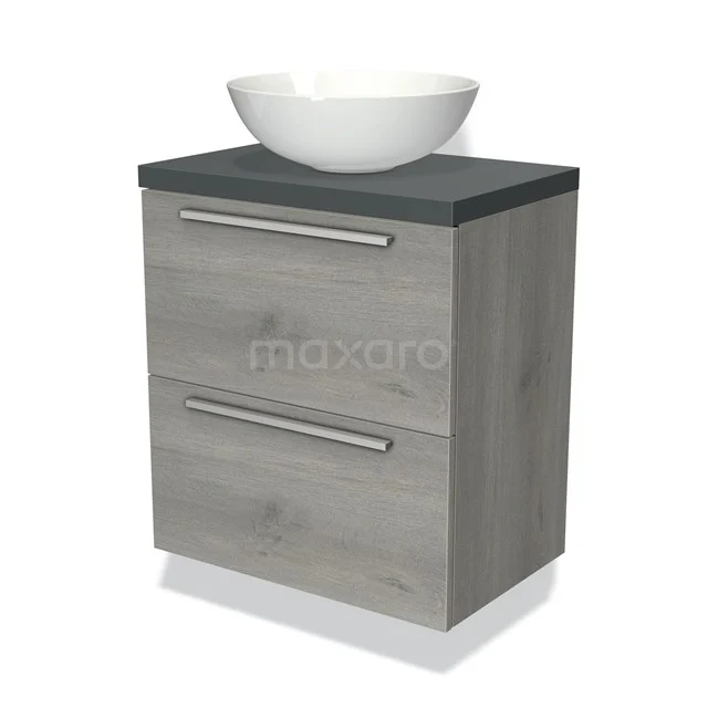 Grijs houten badkamermeubel met twee lades, zwart blad en witte keramische komvormige wastafel, ideaal voor moderne badkamers.