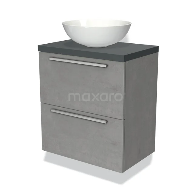 Grijze badkamerkast met betonnen look, twee lades en zwarte topblad met witte ronde waskom, modern en compact design.