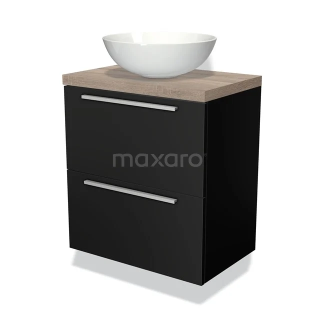 Zwarte badkamermeubel met houtlook blad en witte ronde wastafel, modern design met twee metalen handgrepen.