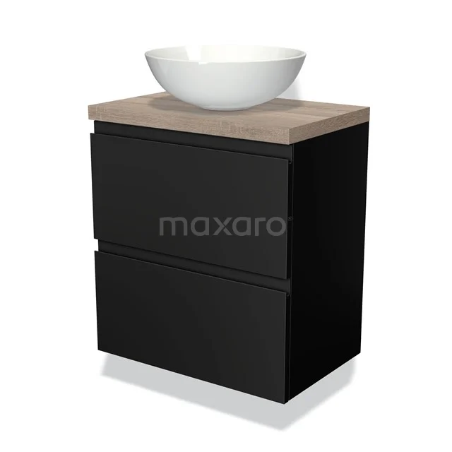 Zwart badkamermeubel met houtlook blad, twee lades en witte keramische waskom, modern design met praktische opbergruimte.