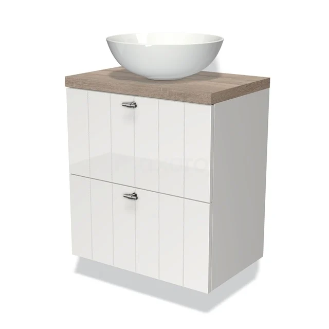 Wit badkamermeubel met houten blad en bolvormige wastafel, strak design, ideaal voor moderne badkamers.