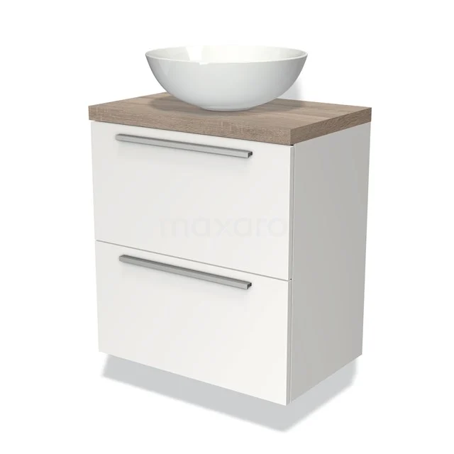 Weißes Badezimmermöbel mit Holzlook Platte, runder keramischer Aufsatzwaschbecken und zwei Schubladen mit silberfarbenen Haltegriffen.