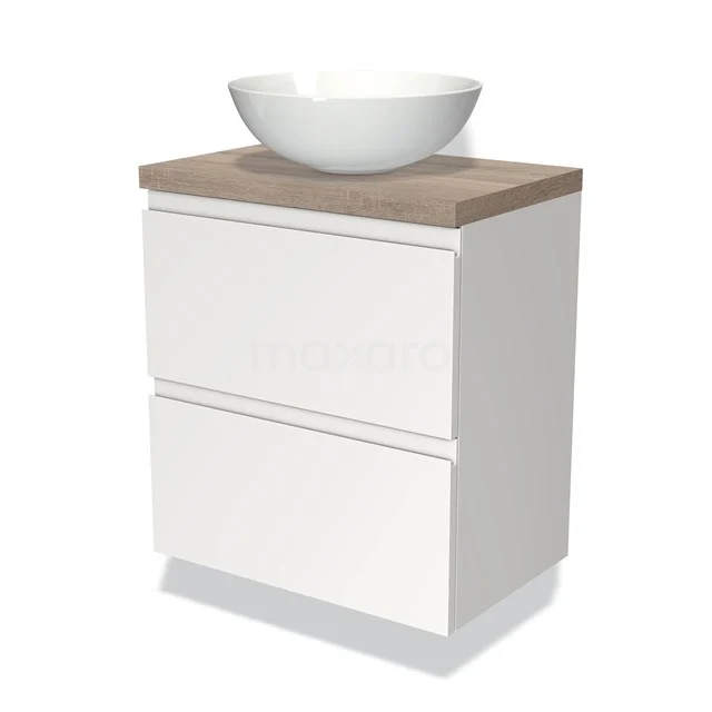 Weißes Badezimmermöbel mit Holzlook Platte, einschließlich stilvollem schalenförmigem Waschbecken, perfekt für eine moderne Badezimmergestaltung.