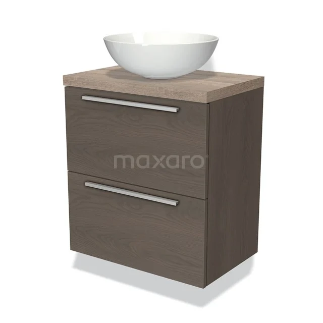 Compact houten badkamermeubel met wastafel, twee lades en eigentijds design, ideaal voor een moderne badkamer inrichting.