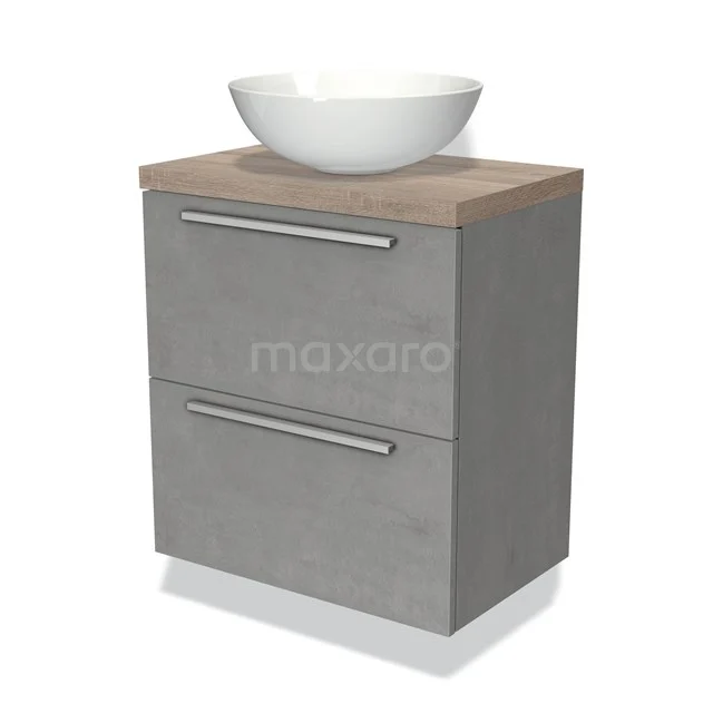 Grijze badkamermeubelset met houten blad, keramische waskom en twee lades, modern design voor een stijlvolle badkamer.