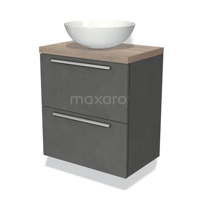 Grau Badmöbel mit zwei Schubladen, Holz Platte und weißem Aufsatzwaschbecken; moderner Look, perfekt für ein stilvolles Badezimmer.