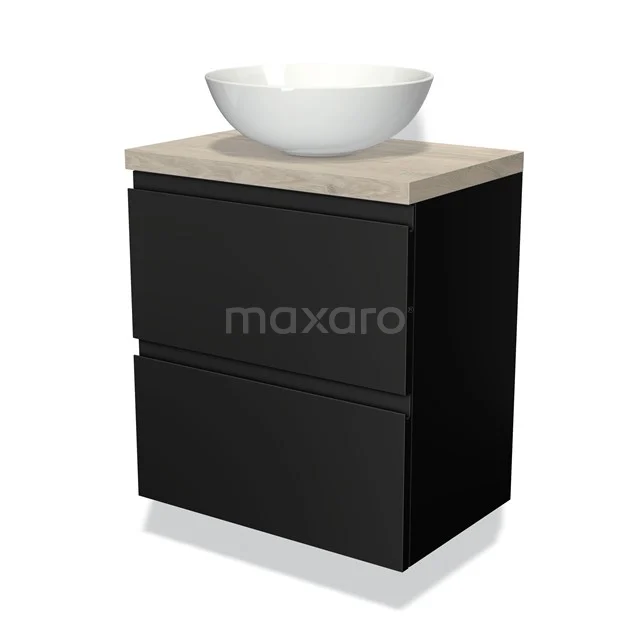 Schwarz Badmöbel mit 2 Schubladen, Holz Platte und weißem Aufsatzwaschbecken, modernes Design, ideal für ein stilvolles Badezimmer.