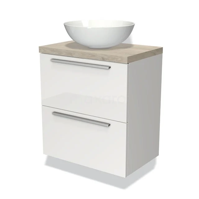 Badmöbel für Aufsatzwaschbecken 60cm Modulo Plato Slim Hochglanz Weiß 2 Schubladen Flach BMK37-00787 Weißes Badezimmermöbel mit zwei Schubladen, Holzlook Platte und rundem Waschbecken; modernes Design für stilvolle Badezimmerlagerung.