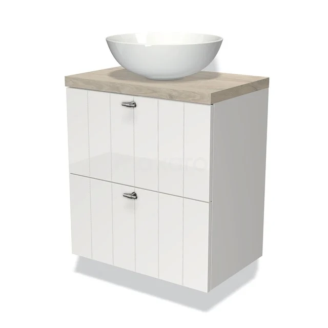 Wit hoogglans badkamermeubel met houten blad en ronde keramische waskom, modern design voor compacte badkamers.