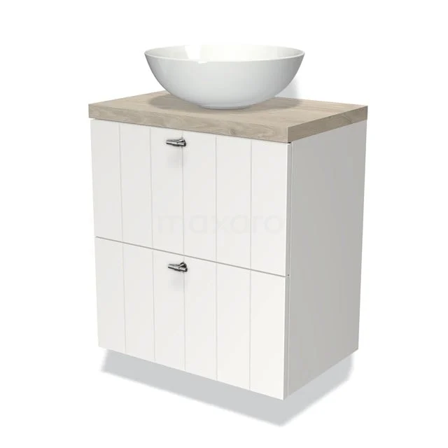 Modulo Plato Slim Badmöbel mit Aufsatzwaschbecken | 60 cm Matt Weiß Lamelle front Hellgraue Eiche blatt 2 übereinanderliegende Schubladen BMK37-00791 Weißes Badezimmermöbel mit zwei Schubladen, Holzplatte und weißem rundem Aufsatzwaschbecken ideal als stilvolles Aufbewahrungsmöbel im Badezimmer.