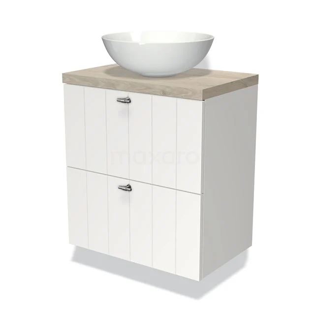 Wit badkamermeubel met twee lades, houten blad en wit ronde waskom ideaal als stijlvol opbergmeubel in badkamer.