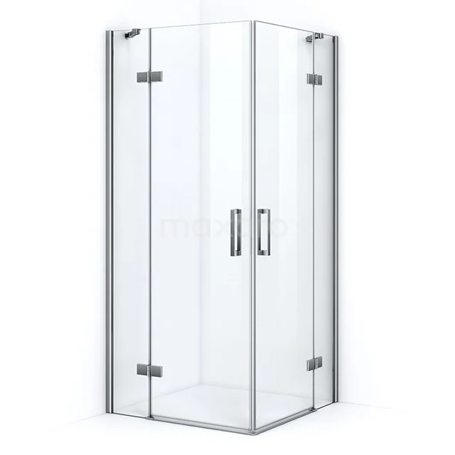 Corner shower enclosure with clear glass, chrome details, double doors and sleek design for a modern bathroom.