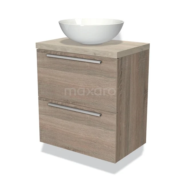 Houten badkamermeubel met twee lades, moderne design, incl. witte keramische waskom; compact en stijlvol voor kleine badkamers.