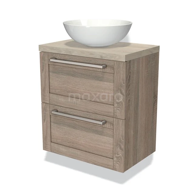 Houten badkamermeubel met twee lades en witte opbouw wastafel, ideaal voor een moderne en stijlvolle badkamerinrichting.