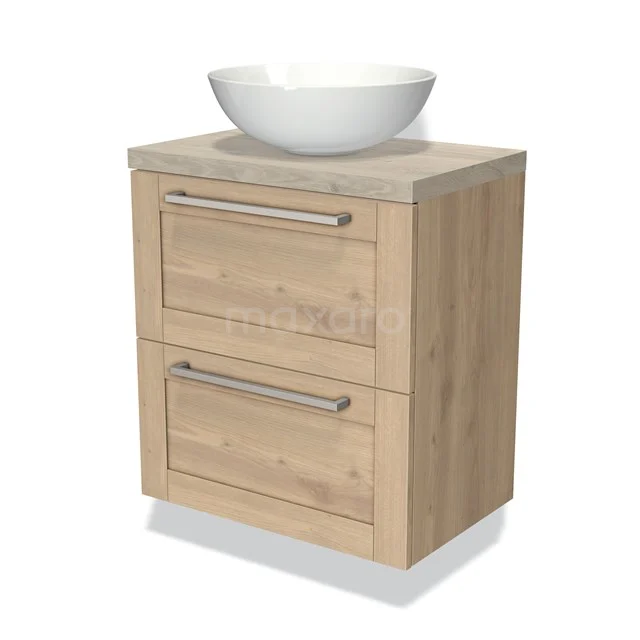 Houten badkamermeubel met twee lades, licht eiken afwerking, opbouw wastafel; ideaal voor een moderne, natuurlijke badkamerstijl.