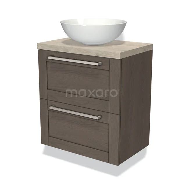 Bruin houten badkamermeubel met twee lades en een witte ronde wastafel, ideaal voor moderne badkamerinrichtingen.