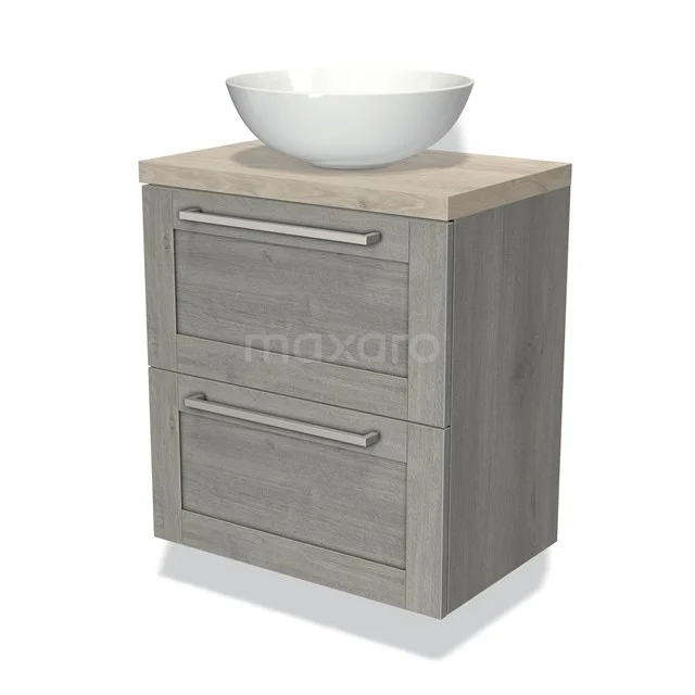 Grijze houten badkamermeubel met twee lades en een witte keramische waskom, modern design geschikt voor elke badkamerstijl.
