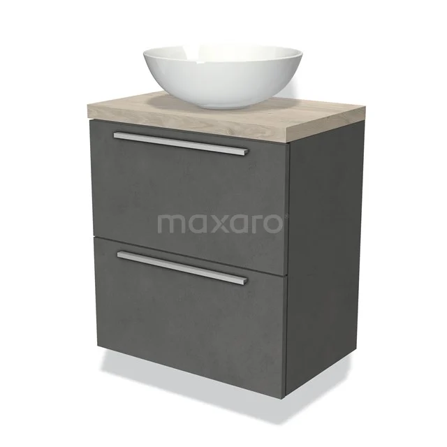 Graue Badmöbelset mit Holzlook Platte, keramischem Aufsatzwaschbecken und metallischen Haltegriffen, modernes Design.