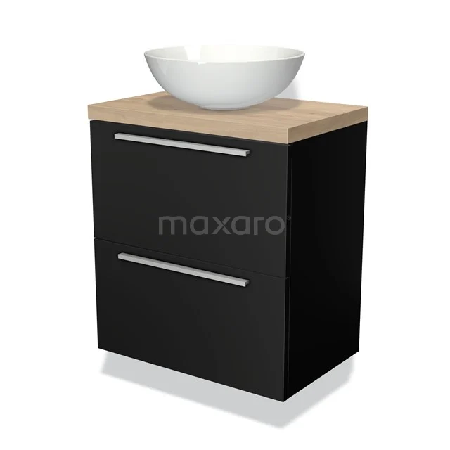Modern badkamermeubel zwart met houtlook blad en witte keramische wastafel, compact ontwerp met dubbele lades.