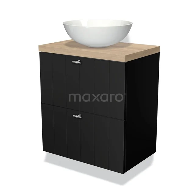 Zwart badkamermeubel met houten blad en witte waskom, modern design, geschikt voor strakke en stijlvolle badkamers.