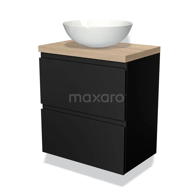 Zwarte badkamerkast met houtlook blad en witte opzetkom, modern design voor stijlvolle badkameropslag.