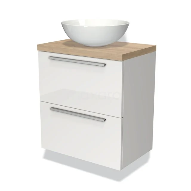 Wit badkamermeubel met houten blad, keramische waskom en twee lades, modern design.