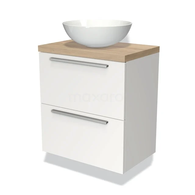 Wit houten badkamermeubel met wastafel, twee lades en een natuurlijk houten blad, modern design.