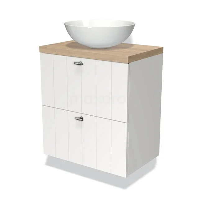 Weißes Badezimmermöbel mit Holzplatte, keramischem Aufsatzwaschbecken und zwei Schubladen, ideal für ein modernes und funktionales Badezimmer.