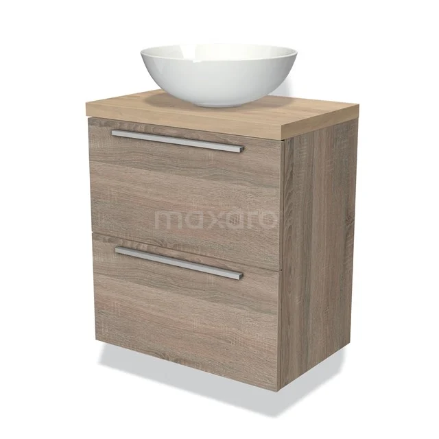Houten badkamermeubel met twee lades en een witte ronde waskom, stijlvolle opbergoplossing voor moderne badkamers.