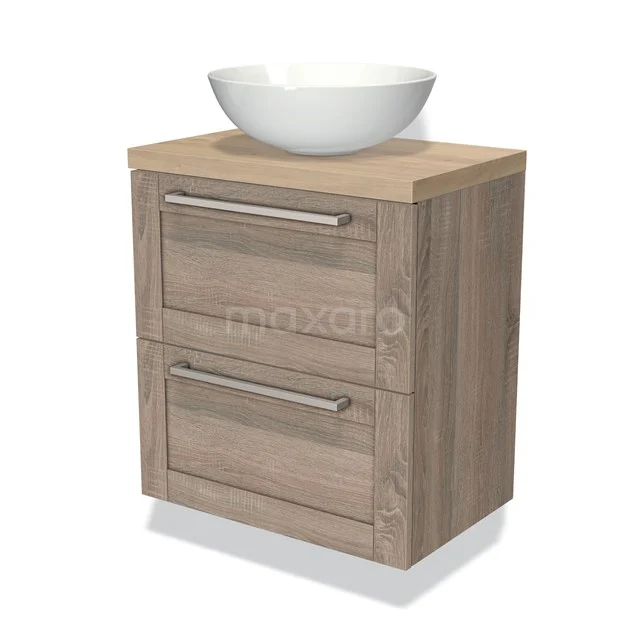 Kompakte Holz-Badmöbel mit Aufsatzwaschbecken, 2 Schubladen und metallischen Haltegriffen, ideal für moderne Badezimmer.