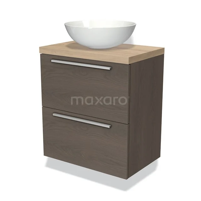 Modern bathroom unit with wood look, two drawers and ceramic basin. Practical and stylish design for a contemporary bathroom.