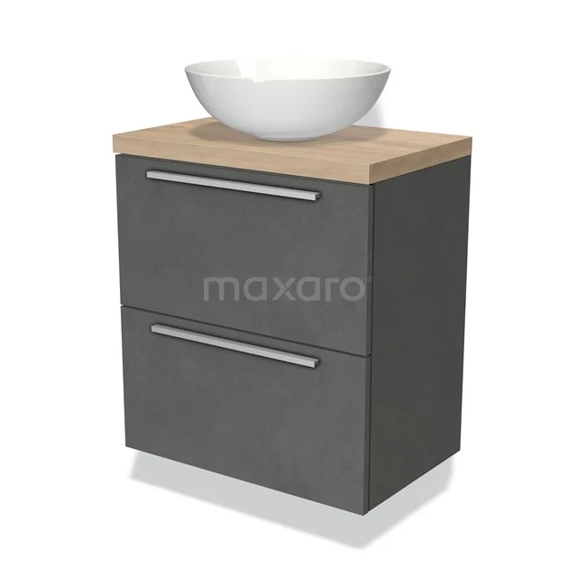 Grau Badmöbel mit Holzlook Platte, weißen runden Aufsatzwaschbecken und zwei Schubladen, modernes Design für ein stilvolles Badezimmer.