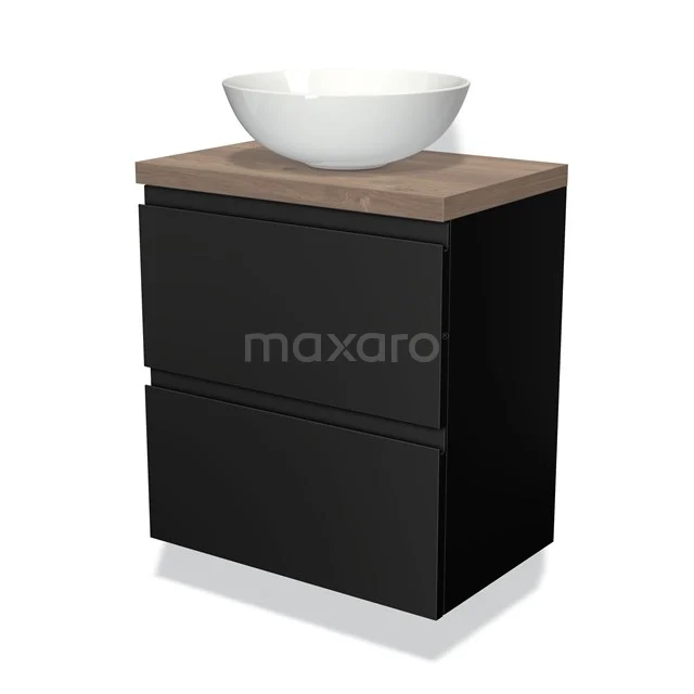 Schwarze Badmöbelset mit Holzlook Platte und Aufsatzwaschbecken, modernes Design mit klaren Linien, ideal für ein zeitgemäßes Badezimmer.