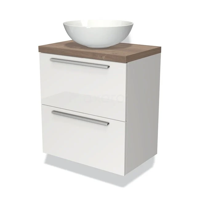 Weißer Badschrank mit Holzplatte, keramische Schüssel Waschbecken, zwei Schubladen mit Metallhaltegriffen.