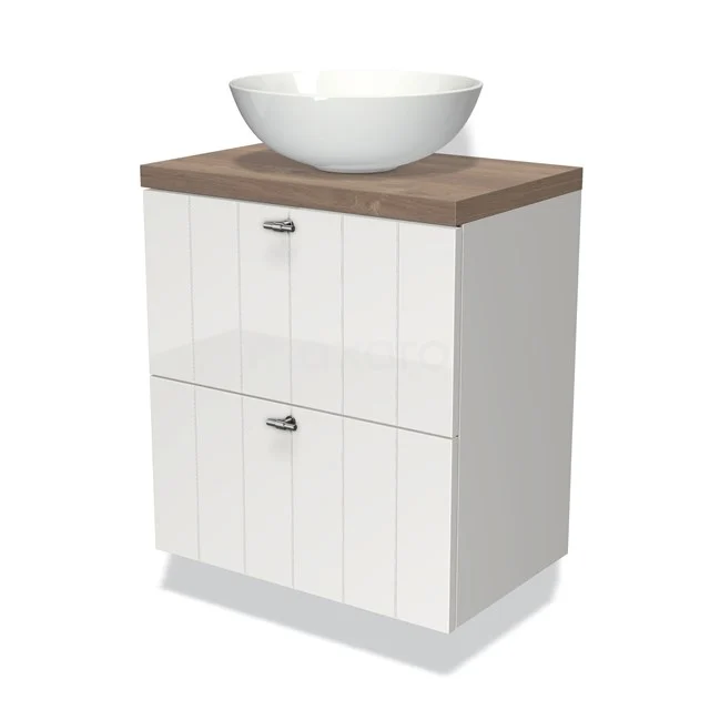 Weißes Badmöbel mit Holzlook Platte, keramisches Aufsatzwaschbecken und zwei Schubladen, ideal für modernen Badezimmerstil.