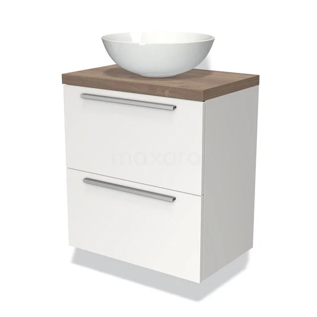 Wit badkamermeubel met houten blad en keramische opzetwaskom, twee lades met zilveren handgrepen, modern design.