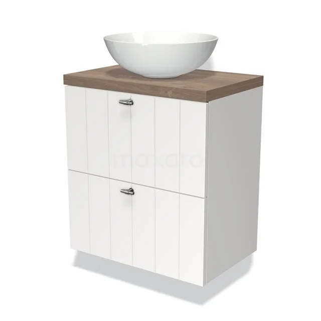 Badmöbel mit Konsole 60cm Modulo Plato Slim Matt Weiß 2 Schubladen Laminat BMK37-00851 Weißes Badezimmermöbel mit Holzlook Platte und rundem Waschbecken; ideales Badezimmerdesign mit Schubladen.