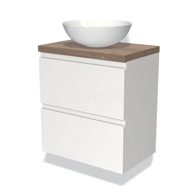 Weißes Badezimmermöbel mit zwei Schubladen, Holzplatte und rundem Waschbecken. Perfekt für ein modernes Badezimmer.