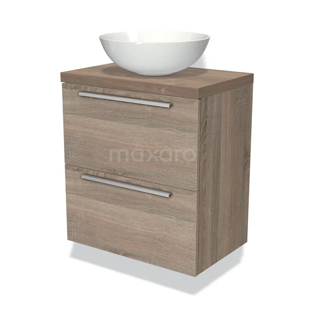 Holz-Badezimmermöbel mit Naturlook, weißem keramischen Aufsatzwaschbecken und zwei Schubladen mit metallischen Griffen für ein modernes Badezimmer.