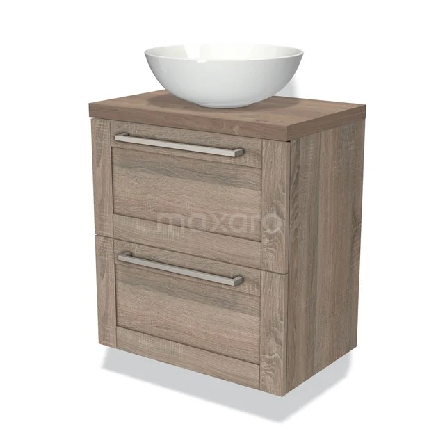 Houten badkamermeubel met twee lades en witte keramische waskom, compact ontwerp voor moderne badkamers.