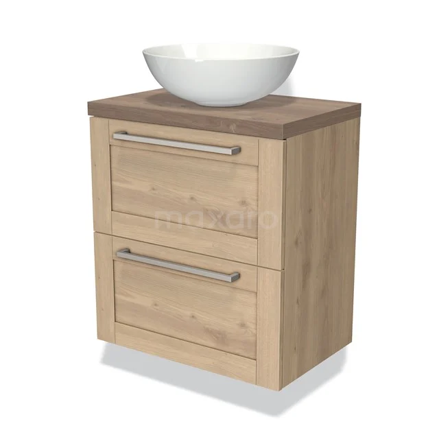 Houten badkamermeubel met twee lades, wit keramische wastafel, modern design, ideaal voor een stijlvolle badkamer inrichting.
